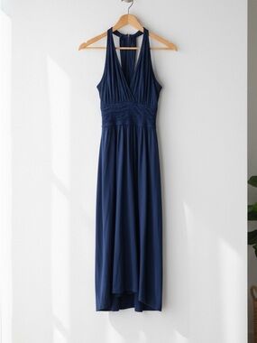 Evan Picone Navy Blue Ruched Halter Midi Dress - Size 10
